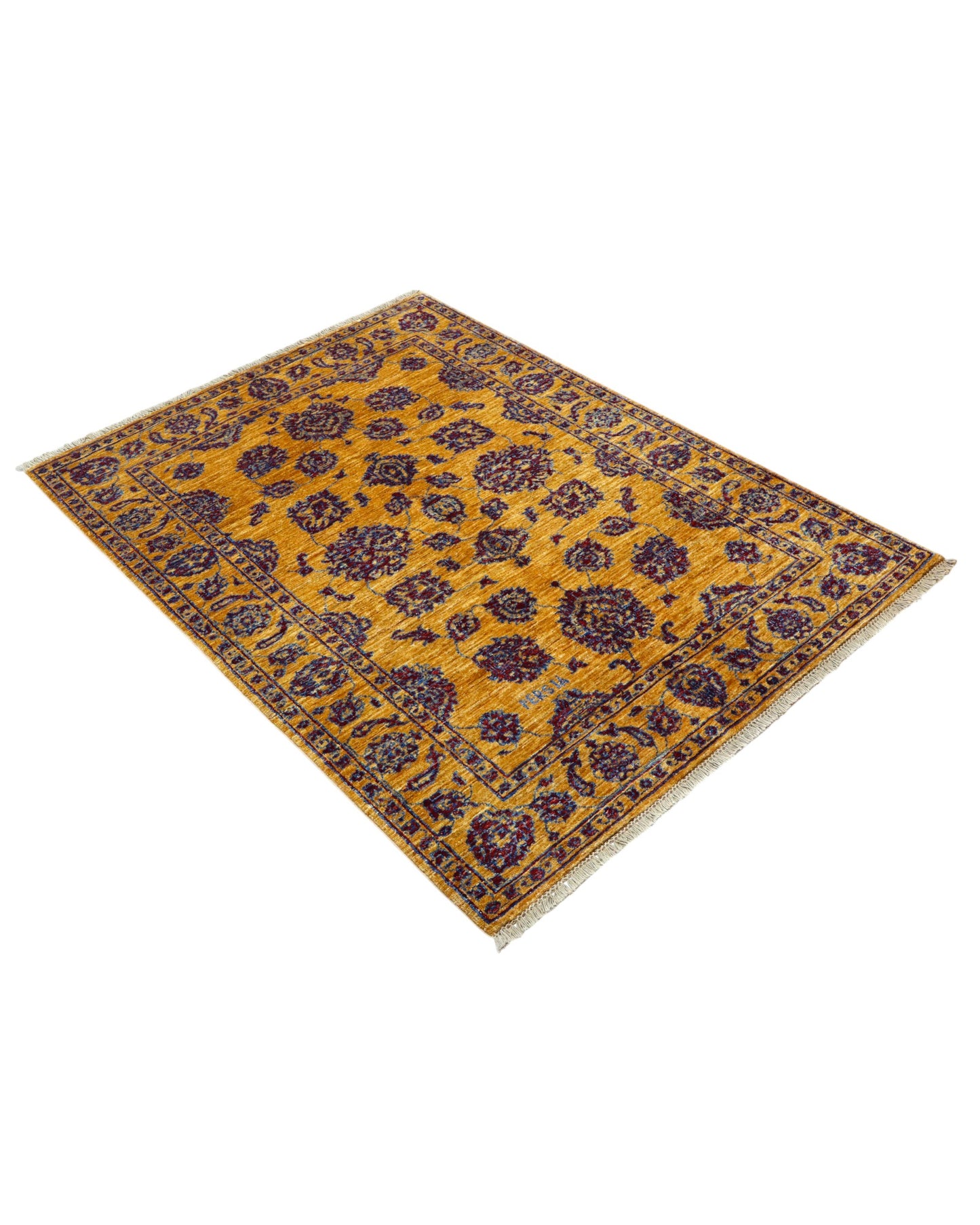 Tappeto Farahan Ziegler oro e blu notte, annodato a mano in Afghanistan. Realizzato in lana e cotone con colori vegetali, unisce eleganza floreale e tradizione artigianale.