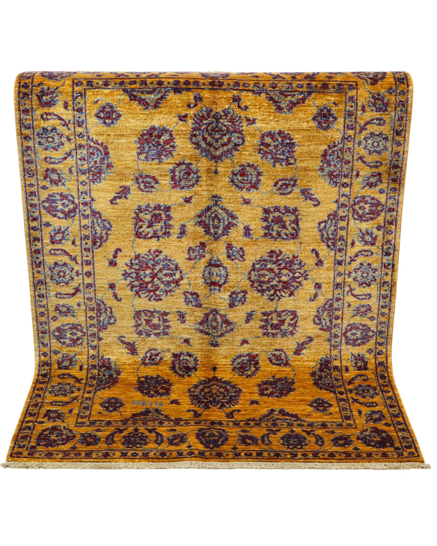 Tappeto Farahan Ziegler oro e blu notte, annodato a mano in Afghanistan. Realizzato in lana e cotone con colori vegetali, unisce eleganza floreale e tradizione artigianale.
