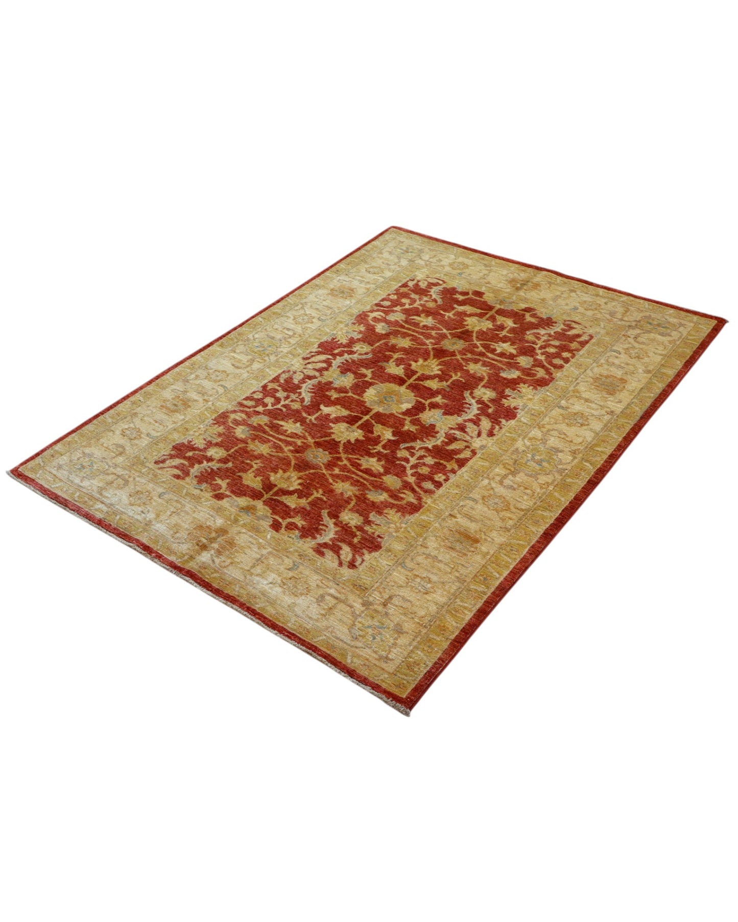 Tappeto Farahan Ziegler rosso con cornice beige e motivi floreali, annodato a mano in Afghanistan in lana e cotone con colori vegetali.