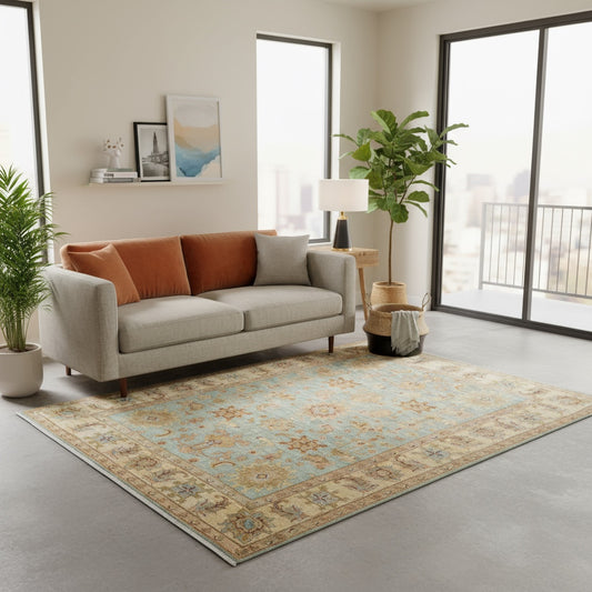 Tappeto Farahan Ziegler turchese chiaro con cornice beige e motivi floreali, annodato a mano in Afghanistan in lana e cotone con colori vegetali.