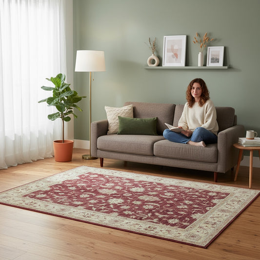 Tappeto Farahan Ziegler rettangolare 200x150 cm, fondo rosso melograno con cornice beige e motivi floreali, annodato a mano in lana e cotone con colori vegetali, provenienza Afghanistan.