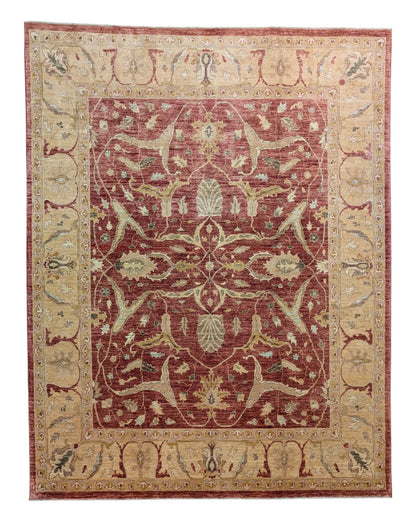 Tappeto Farahan rosso mattone 281x218 cm annodato a mano, fondo caldo con motivi stilizzati multicolore e bordura avorio, lana pregiata e certificato di garanzia.