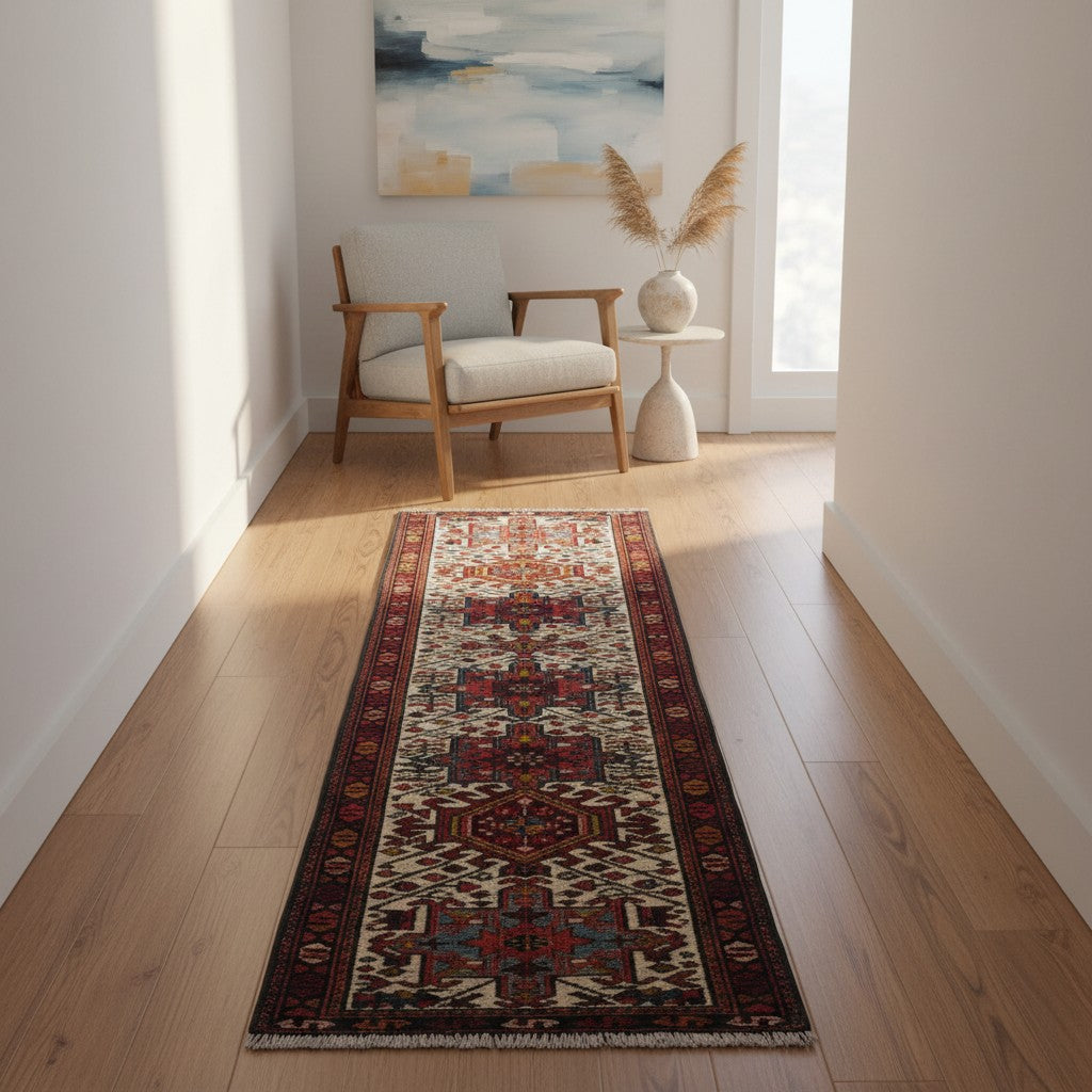 Tappeto Gharage persiano annodato a mano 238x65 cm in lana e cotone, realizzato con colori vegetali.