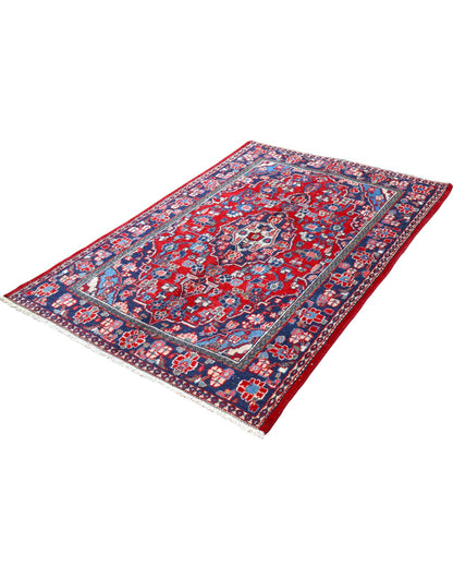 Tappeto Hamedan 190x127 cm annodato a mano, rettangolare, fondo rosso con motivi floreali e geometrici, realizzato in cotone e lana con colori vegetali.