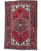 Tappeto Hamedan 191x126 cm annodato a mano, rettangolare, fondo rosso con dettagli geometrici, realizzato in cotone e lana con colori vegetali.