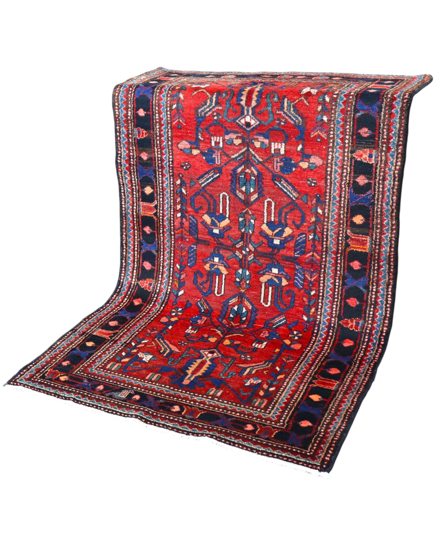 Tappeto Hamedan 200x130 cm persiano, rettangolare, annodato a mano, fondo rosso con motivi geometrici e floreali blu e avorio, bordi decorati.