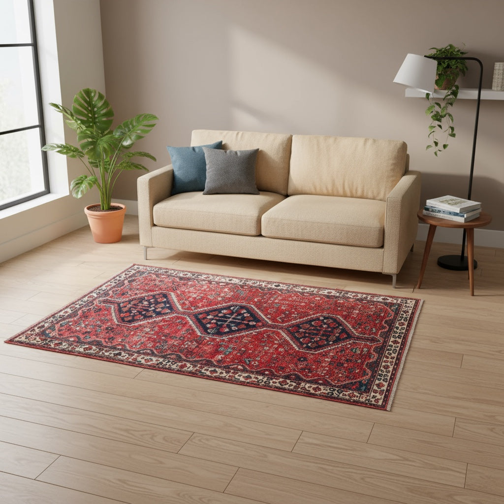 Tappeto Hamedan "Giardino Persiano" rosso melograno con motivi geometrici e floreali, annodato a mano in Persia.