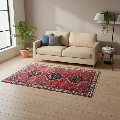 Tappeto Hamedan "Giardino Persiano" rosso melograno con motivi geometrici e floreali, annodato a mano in Persia.