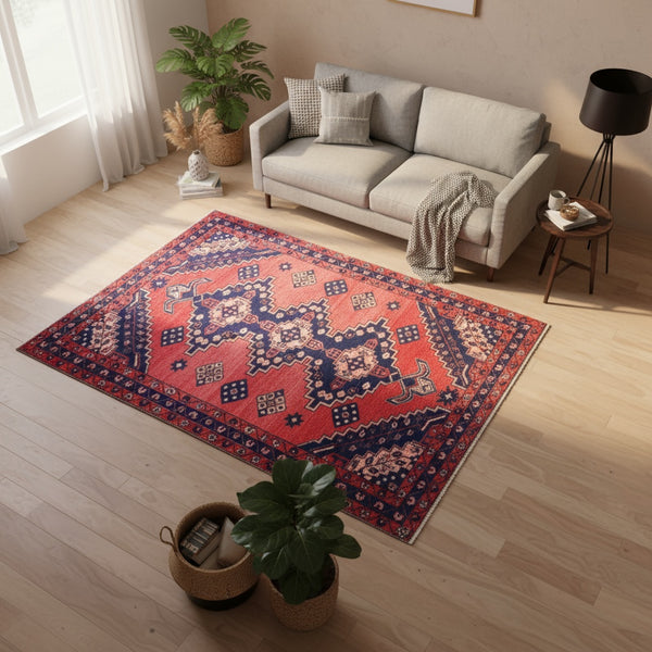 Tappeto Hamedan “Pianta di Castello Antico” in lana e cotone, annodato a mano, con motivo geometrico rosso melograno e cornice blu, arte persiana autentica 190x150 cm.