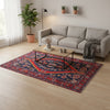 Tappeto Hamedan annodato a mano, 202 x 140 cm, fondo blu con motivi geometrici tradizionali.