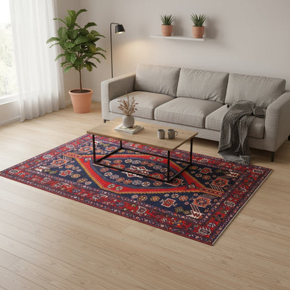 Tappeto Hamedan annodato a mano, 202 x 140 cm, fondo blu con motivi geometrici tradizionali.