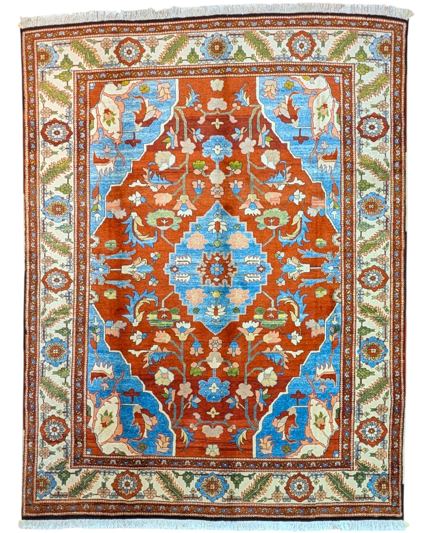 Tappeto Heriz 240x320 cm persiano annodato a mano con fondo rosso e dettagli azzurri e avorio.