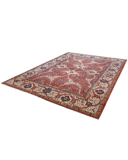 Tappeto Heriz marrone bruciato con cornice beige e motivi decorativi, annodato a mano in Persia con lana e cotone tinti con colori vegetali.