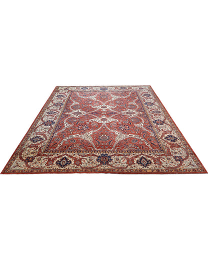 Tappeto Heriz marrone bruciato con cornice beige e motivi decorativi, annodato a mano in Persia con lana e cotone tinti con colori vegetali.