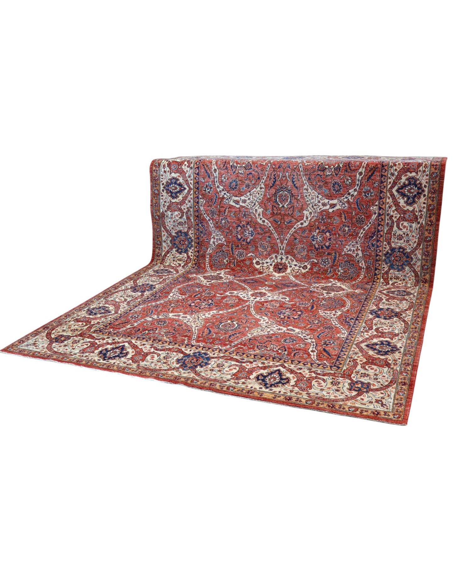 Tappeto Heriz marrone bruciato con cornice beige e motivi decorativi, annodato a mano in Persia con lana e cotone tinti con colori vegetali.