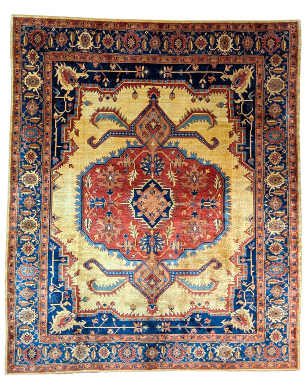 Tappeto Heriz persiano 303x255 cm, annodato a mano, lana e cotone con colori vegetali, fondo avorio con medaglione rosso e dettagli blu.