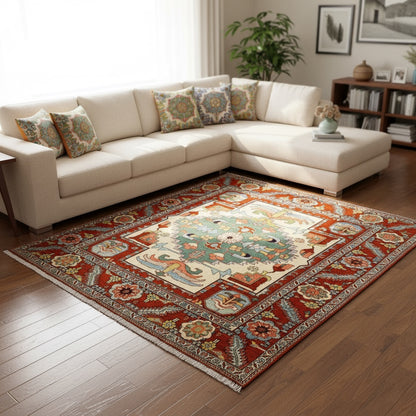 Tappeto Heriz persiano, annodato a mano con medaglione geometrico e motivi floreali stilizzati, in cotone e lana. Dimensioni 210 x 210 cm, con certificato di garanzia incluso.