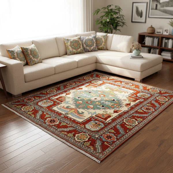 Tappeto Heriz persiano, annodato a mano con medaglione geometrico e motivi floreali stilizzati, in cotone e lana. Dimensioni 210 x 210 cm, con certificato di garanzia incluso.