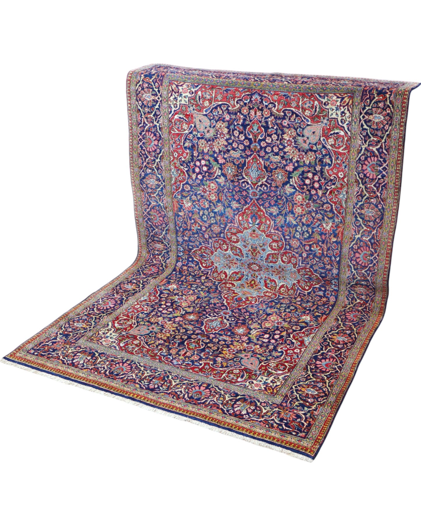 Tappeto Kashan Antico persiano, fondo blu con disegno decorativo, annodato a mano, 212x133 cm.