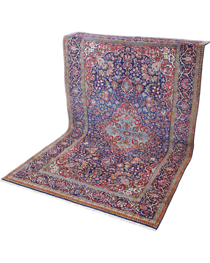 Tappeto Kashan Antico persiano, fondo blu con disegno decorativo, annodato a mano, 212x133 cm.