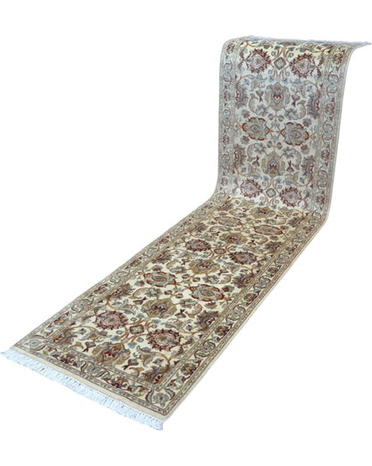 Tappeto Kashmir afgano, beige con disegno decorativo, annodato a mano, 302x77 cm.