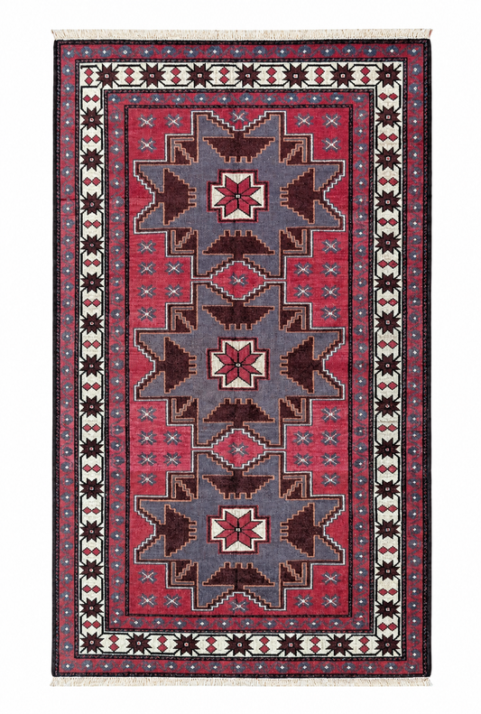 Tappeto 181x113 cm rosso blu e avorio con motivo geometrico per ingresso elegante.