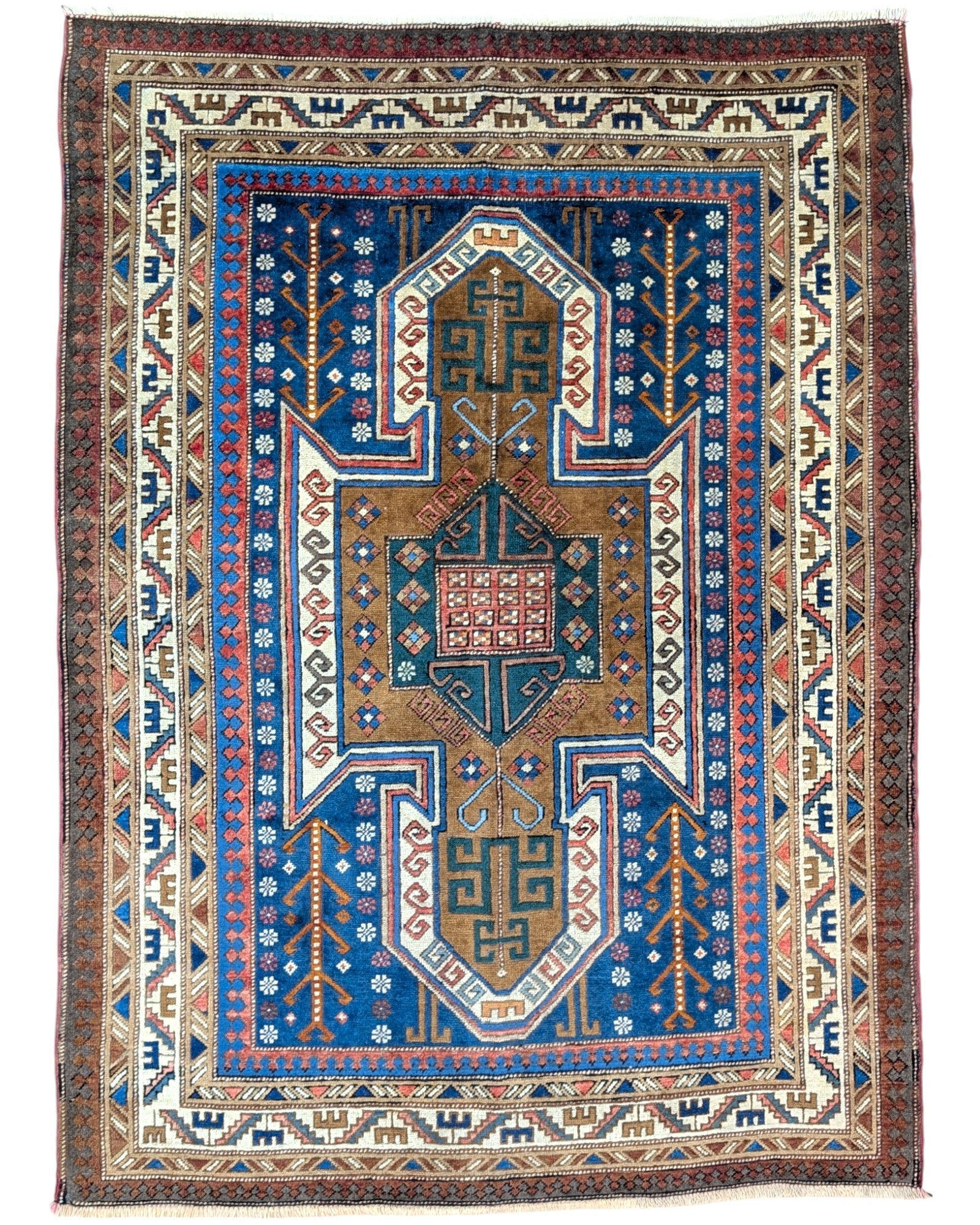 Tappeto Kazak Antico caucasico, fondo blu con cornice beige e disegno geometrico, annodato a mano, 208x153 cm.
