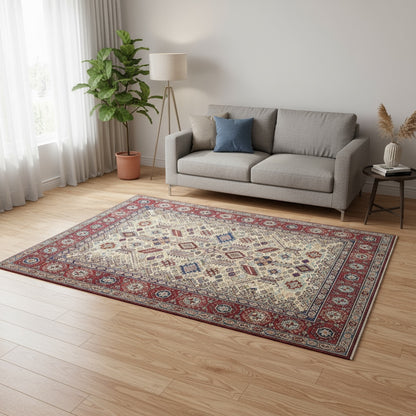 Tappeto Kazak afgano, beige e rosso con motivi geometrici multicolore, annodato a mano, 204x147 cm.