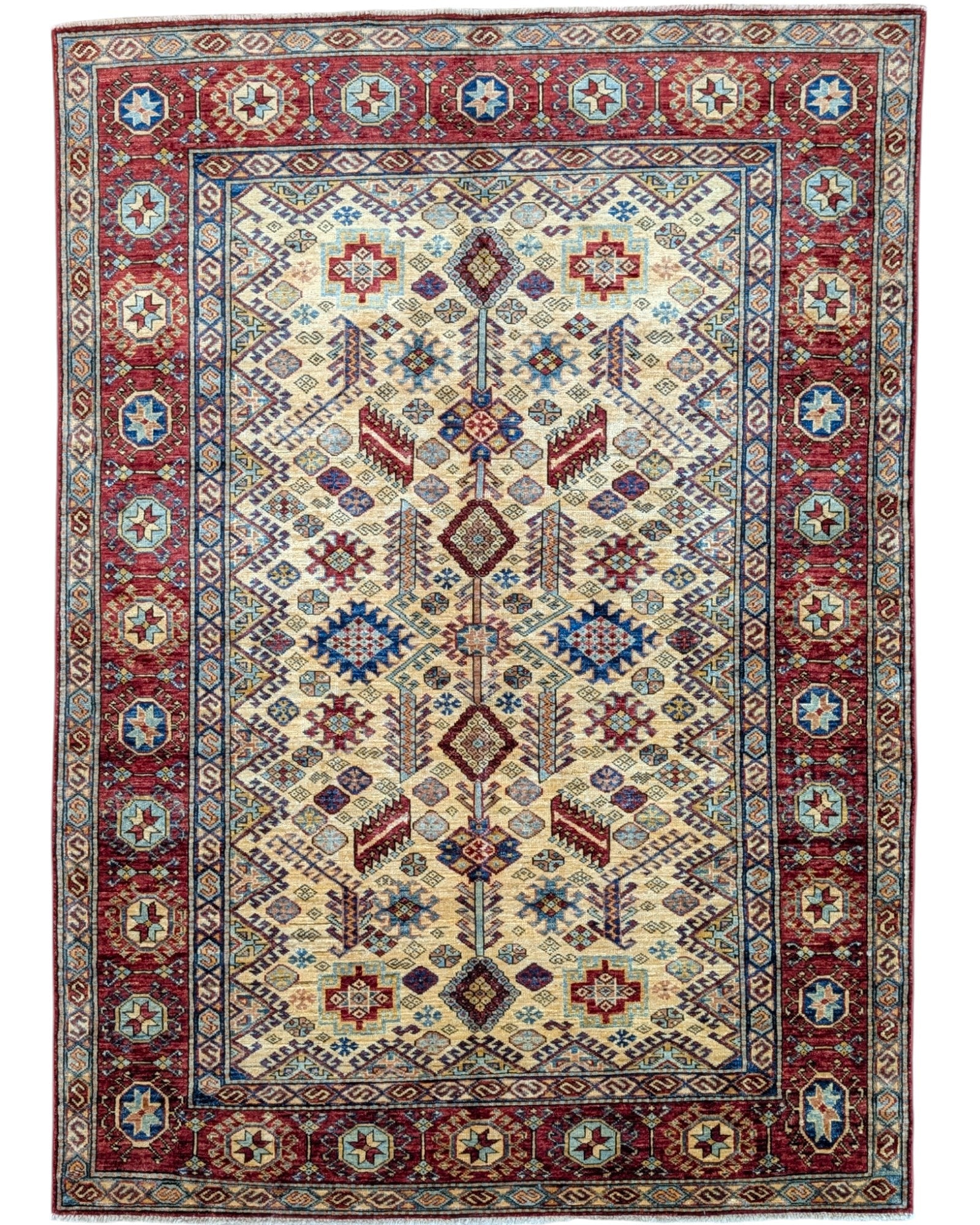 Tappeto Kazak afgano, beige e rosso con motivi geometrici multicolore, annodato a mano, 204x147 cm.