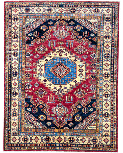 Tappeto Kazak afgano, rosso e beige con motivo geometrico, annodato a mano, 200x147 cm.