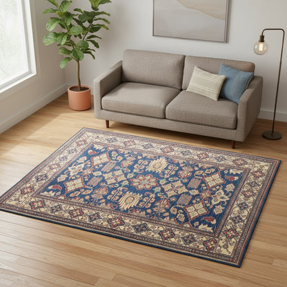 Tappeto Kazak rettangolare 213x164 cm, campo blu con cornice beige e motivo geometrico, annodato a mano in lana e cotone con colori vegetali, provenienza Afghanistan.
