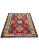 Tappeto Kazak rosso con cornice beige e motivi geometrici, annodato a mano in Afghanistan in lana e cotone con colori vegetali.