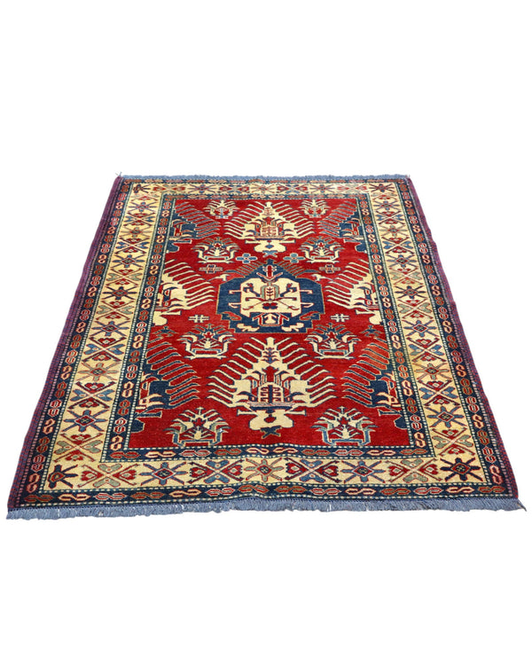 Tappeto Kazak rosso con cornice beige e motivi geometrici, annodato a mano in Afghanistan in lana e cotone con colori vegetali.