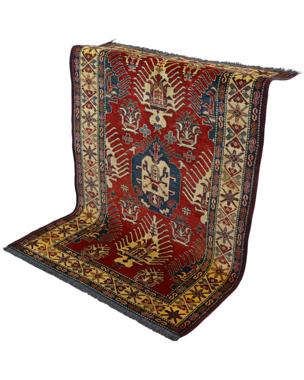 Tappeto Kazak rosso con cornice beige e motivi geometrici, annodato a mano in Afghanistan in lana e cotone con colori vegetali.
