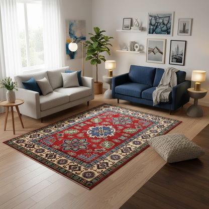 Tappeto Kazak rosso con cornice beige e motivi geometrici, annodato a mano in Afghanistan in pura lana tinta con colori vegetali.