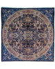 Tappeto Kerman quadrato 261x264 cm, annodato a mano in lana e cotone con colori vegetali, fondo blu con dettagli floreali e medaglione centrale persiano.