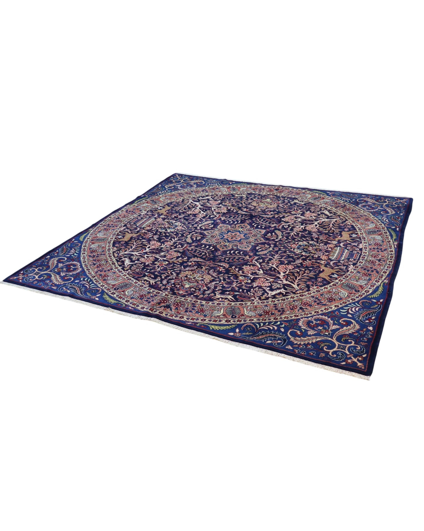 Tappeto Kerman quadrato 261x264 cm, annodato a mano in lana e cotone con colori vegetali, fondo blu con dettagli floreali e medaglione centrale persiano.