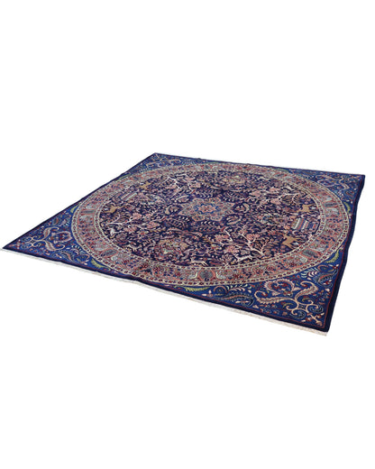 Tappeto Kerman quadrato 261x264 cm, annodato a mano in lana e cotone con colori vegetali, fondo blu con dettagli floreali e medaglione centrale persiano.