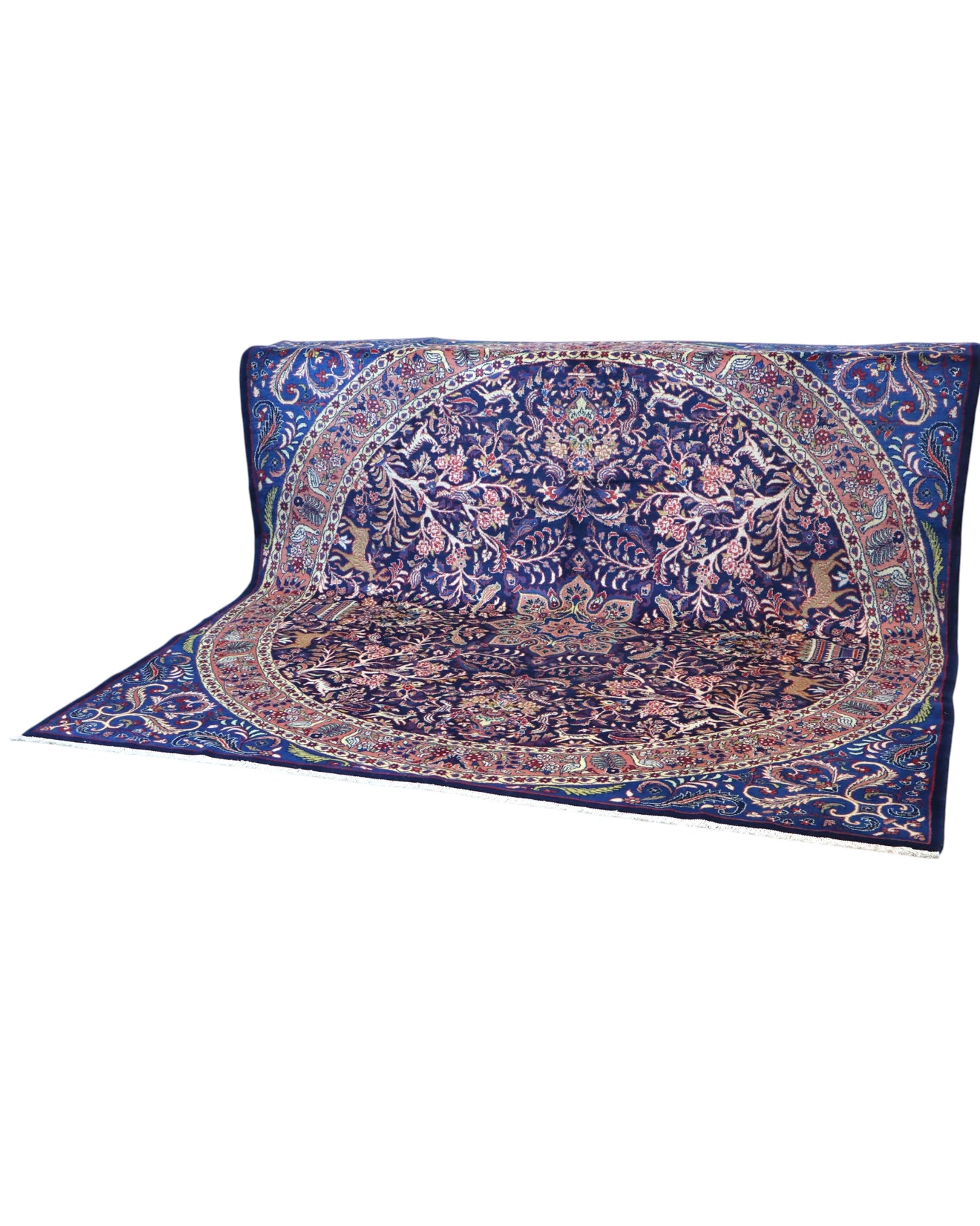 Tappeto Kerman quadrato 261x264 cm, annodato a mano in lana e cotone con colori vegetali, fondo blu con dettagli floreali e medaglione centrale persiano.