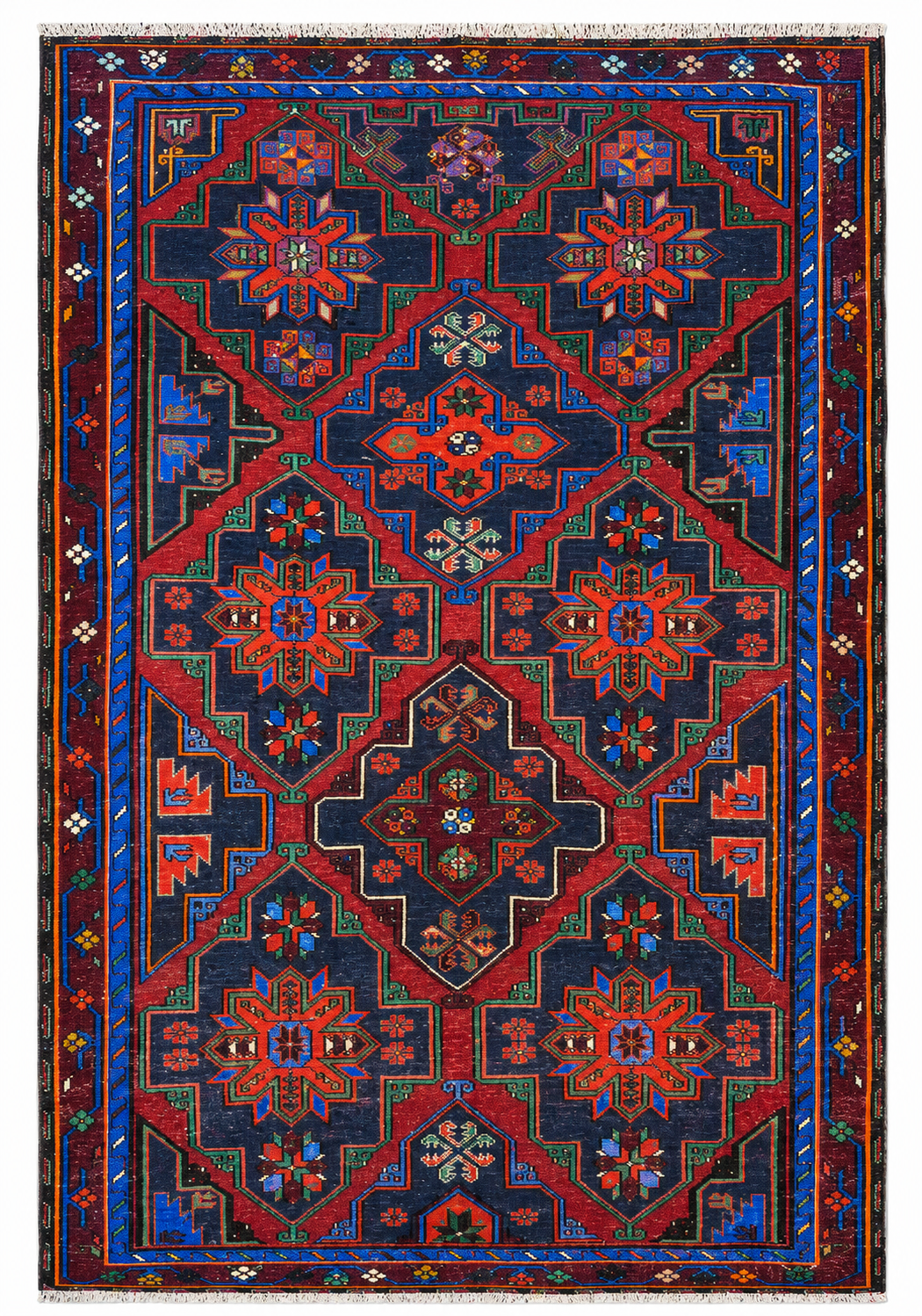 Tappeto 222x160 cm verde blu e rosso con motivo geometrico per soggiorno elegante.