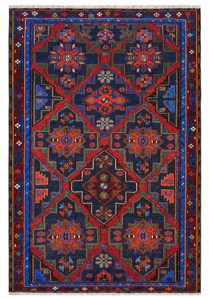 Tappeto 222x160 cm verde blu e rosso con motivo geometrico per soggiorno elegante.