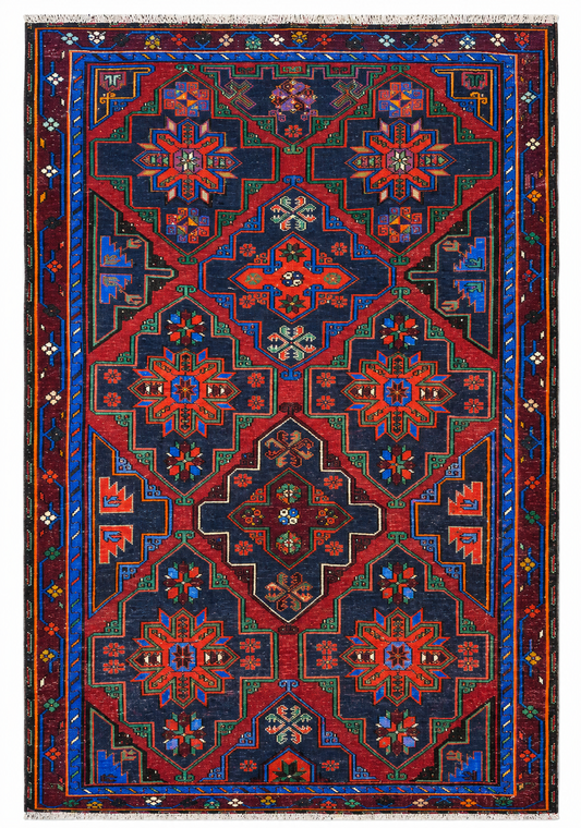 Tappeto 222x160 cm verde blu e rosso con motivo geometrico per soggiorno elegante.