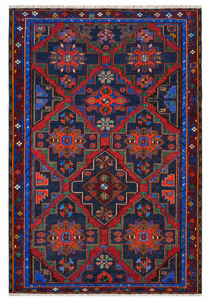 Tappeto Kilim Sumakh 222x160 cm Verde Blu e Rosso Geometrico