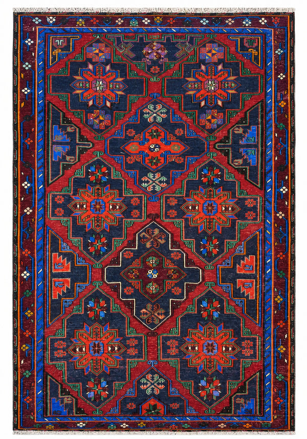 Tappeto Kilim Sumakh 222x160 cm Verde Blu e Rosso Geometrico
