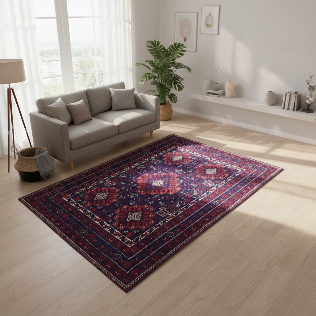 Tappeto Lorestan nero con simboli e motivi della mitologia persiana, annodato a mano in lana con colori vegetali.