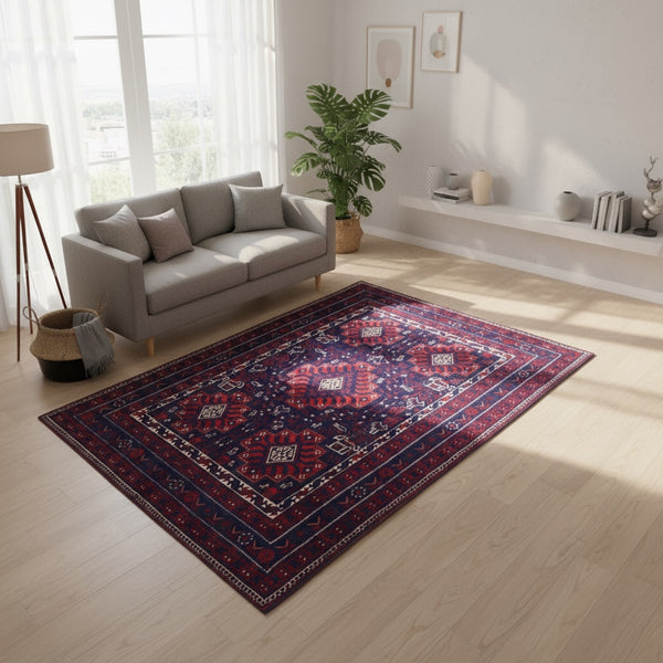 Tappeto Lorestan nero con simboli e motivi della mitologia persiana, annodato a mano in lana con colori vegetali.