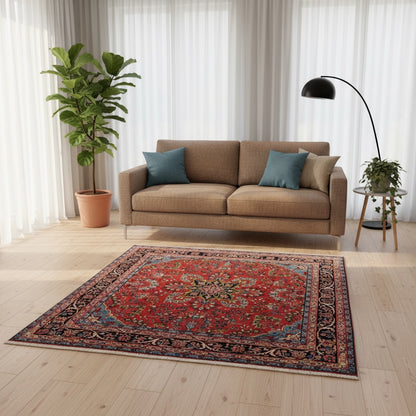 Tappeto Mehraban annodato a mano, rosso con medaglione a stella blu e avorio. Trama in cotone, vello in lana vegetale, provenienza Persia, certificato di autenticità incluso.