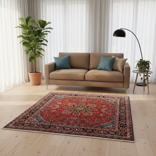 Tappeto Mehraban annodato a mano, rosso con medaglione a stella blu e avorio. Trama in cotone, vello in lana vegetale, provenienza Persia, certificato di autenticità incluso.