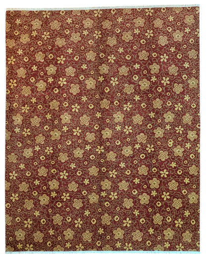 Tappeto Moderno 349x282 cm annodato a mano con fondo rosso e motivi floreali chiari.