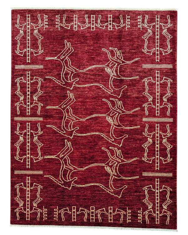 Tappeto "Cavalli di Darios" 234x180 cm, fondo rosso/bordeaux con figure stilizzate di cavalli in ocre/beige,